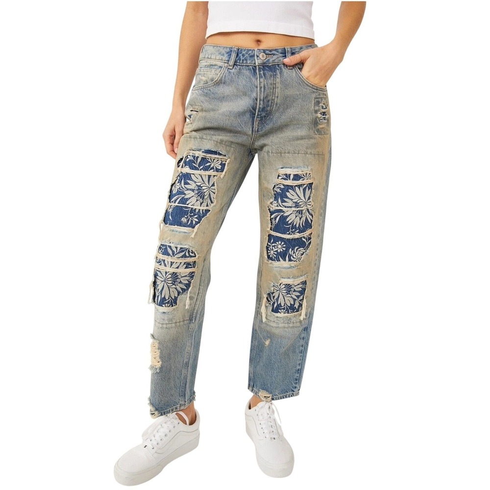 We The Free People Womens 25 Blue Desert Rose Floral Distressed Straight Jeans